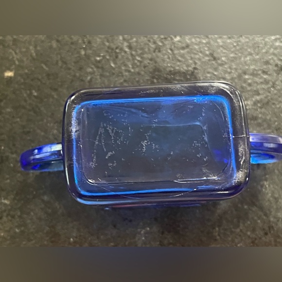 Hazel Atlas double handled cobalt blue sugar bowl Chevron design vintage - Picture 4 of 4